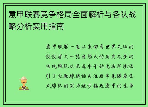 意甲联赛竞争格局全面解析与各队战略分析实用指南